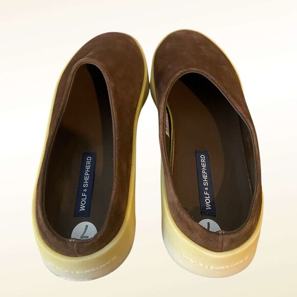 Wolf & Shepard Cruise slip on Mules Brown Suede shoes NWOB Unisex W- 7 Men- 5.5
